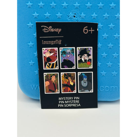 Disney Loungefly mystery pin packaging with six character illustrations on a blue textured background.