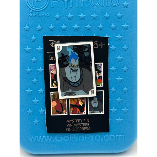 Mystery Hades Disney pin in packaging with blue star pattern from Pins and Wishes 