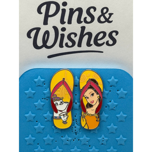 Disney Princess & Sidekicks Flip Flop Sandals - 2 Pin Set Belle, Chip, Ms. Potts